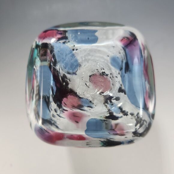 Signed Art Glass Vase Cased Clear Confetti White Swirl Blue Crest Amethyst Pink - Picture 6 of 10